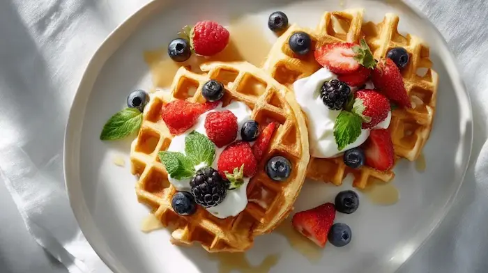 Whole grain waffles with red fruits